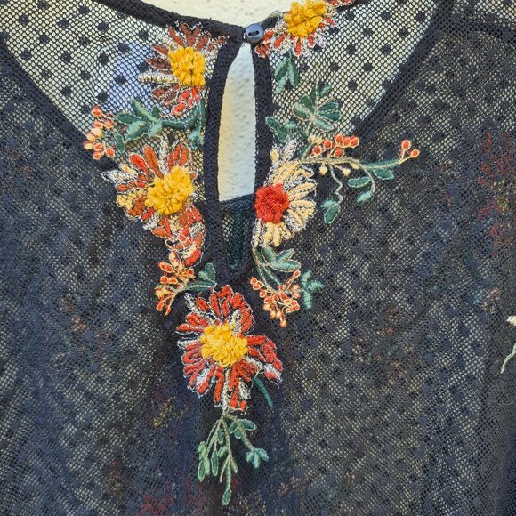 Anthro Maeve Floral Embroidered Black Mesh Sheer Blouse Top Romantic Whimsigoth - Picture 10 of 16